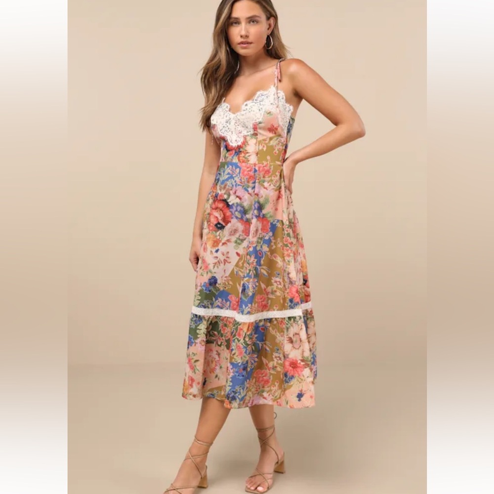 Lulu's Floral Lace-Trim Midi Dress